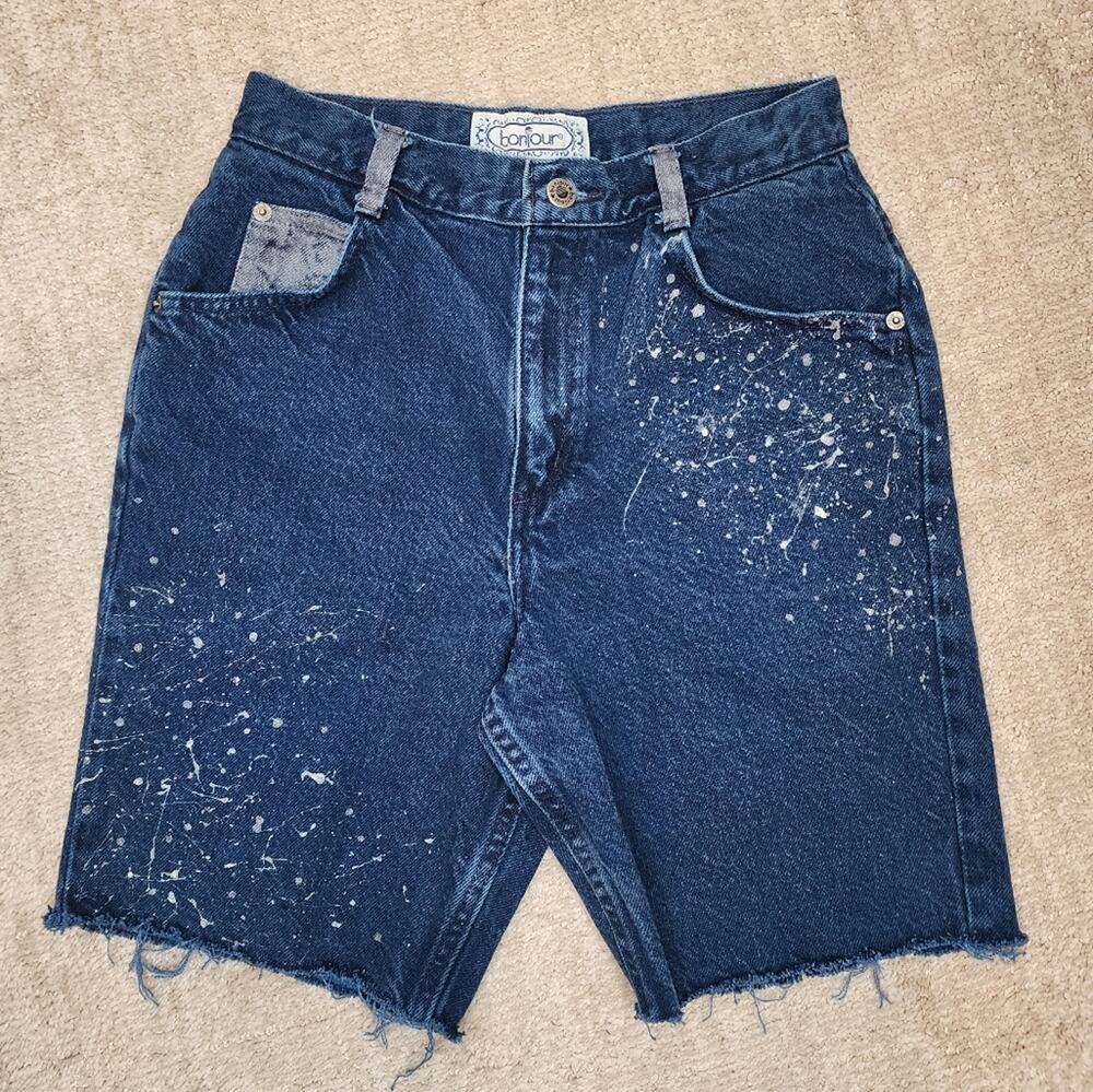 Vintage Hand Painted Silver Metallic Denim Jean Shorts Size 25" Waist XS